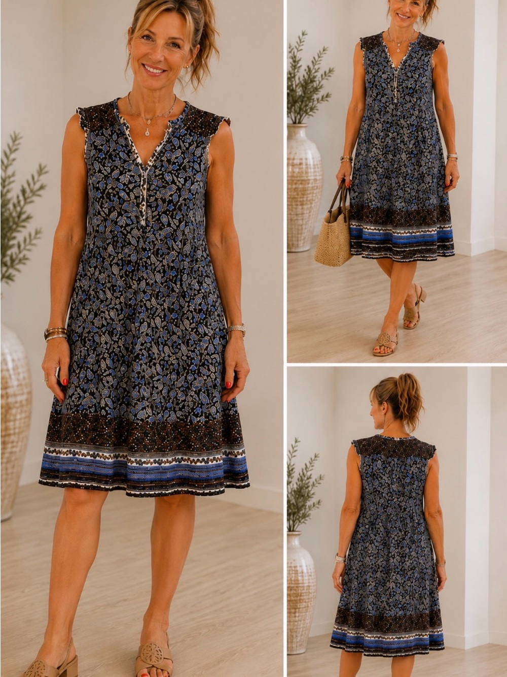 Mudo Collection Sleeveless Navy Paisley Maxi Dress with Brown Border